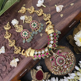 Vriksham Elephant Style With Peacock Pendant Kundan Jadau Short Neckpiece-White Red -Aqua Green Bead-J3360